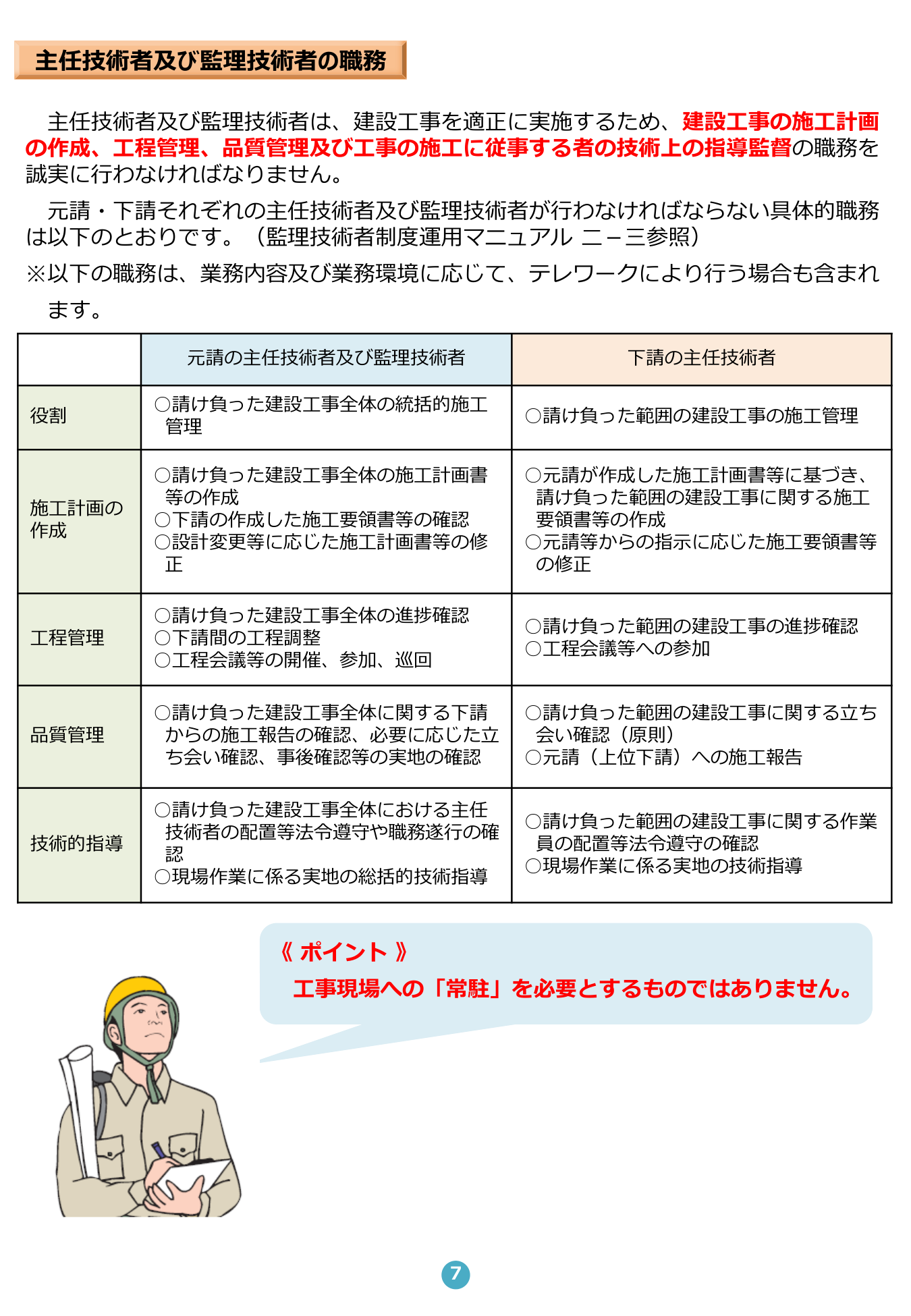 主任技術者・監理技術者の職務比較表（国土交通省）