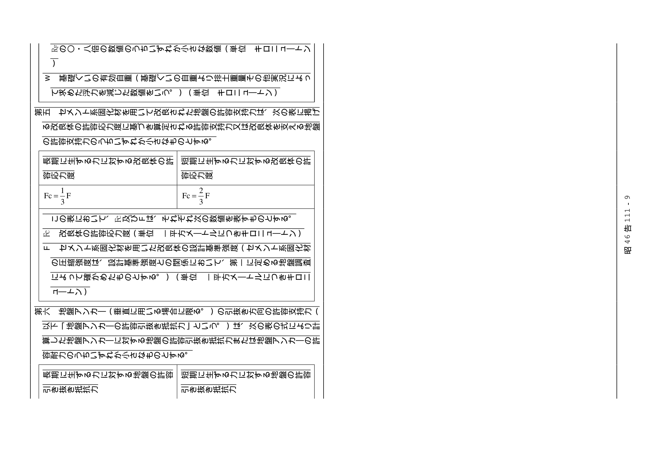 昭和46年建設省告示第111号 第五 セメント系固化材改良体の許容応力度（F＝設計基準強度は土質試験で確認）