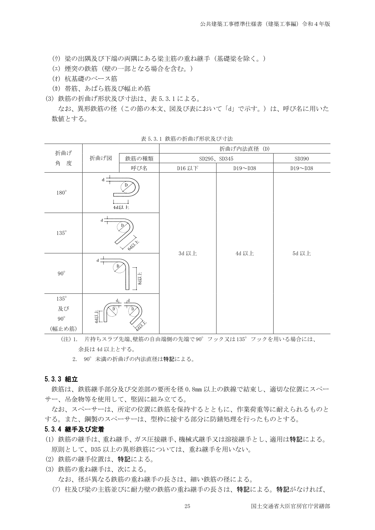 公共建築工事標準仕様書 表5.3.1 鉄筋の曲げ形状及び寸法 フック余長の最小寸法