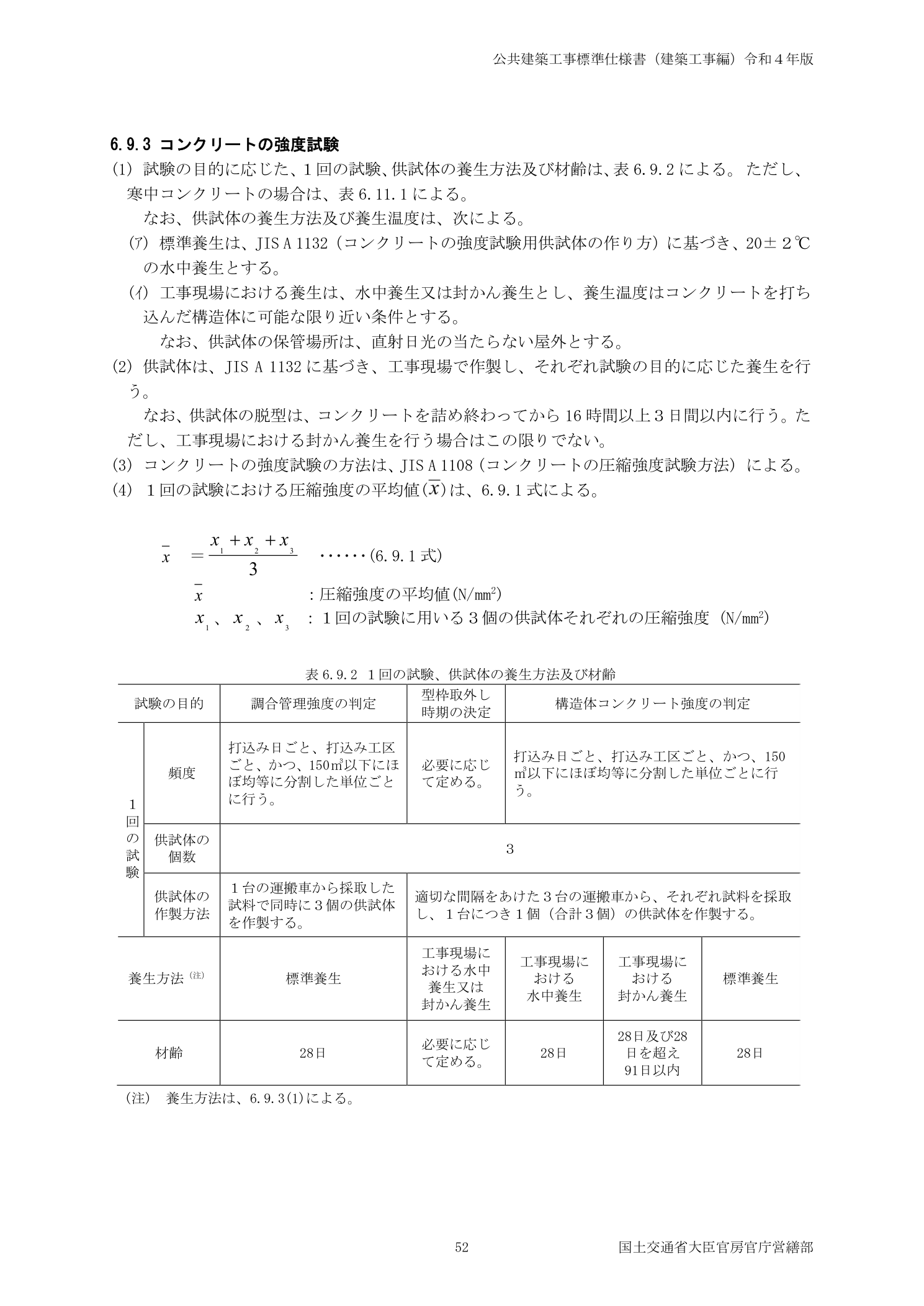 公共建築工事標準仕様書 6.9.3供試体の採取・養生方法・採取頻度規定