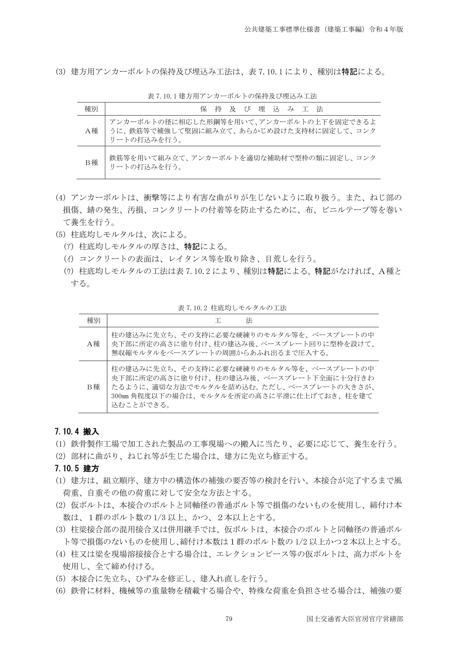 公共建築工事標準仕様書 7.10.1アンカーボルト保持及び埋込み工法 7.10.5建方規定