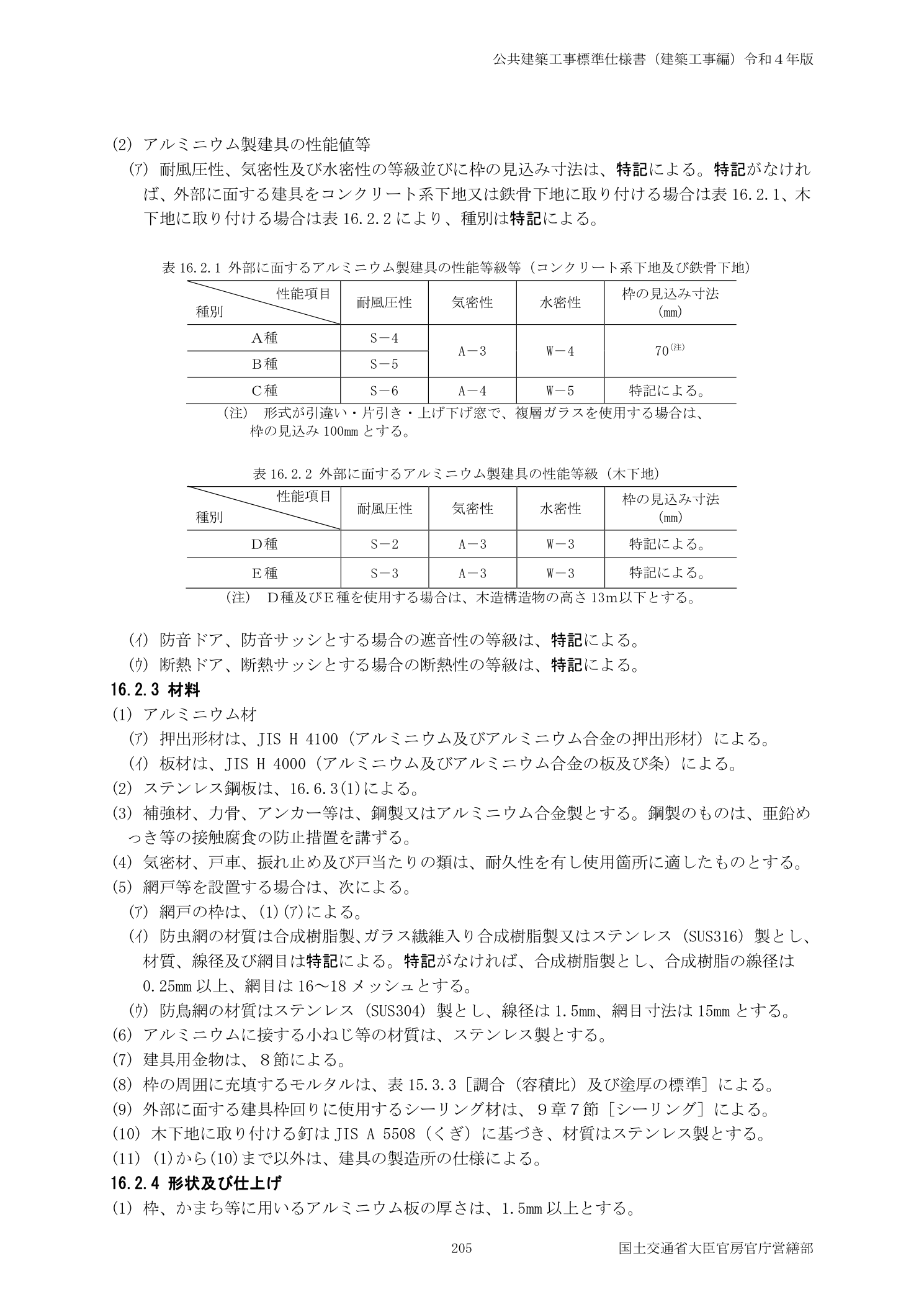 公共建築工事標準仕様書（建築工事編）令和4年版 外部に面するアルミニウム製建具の性能等級（表16.2.1・16.2.2）