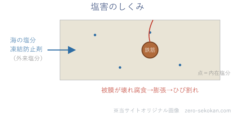 海からの飛来塩分や凍結防止剤の塩分が表面から浸入し、海砂などの内在塩分と合わさって塩化物イオンが鉄筋に達し腐食させる様子の模式図