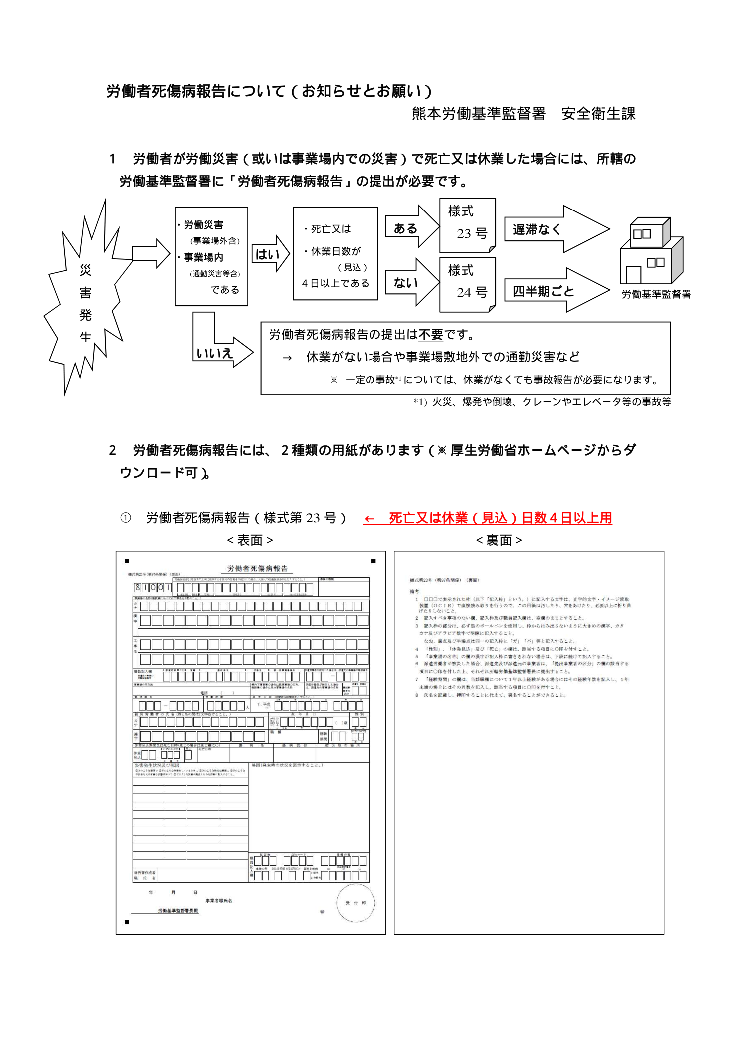労働者死傷病報告の提出フローと様式第23号サンプル（休業4日以上は遅滞なく・1～3日は四半期ごと）