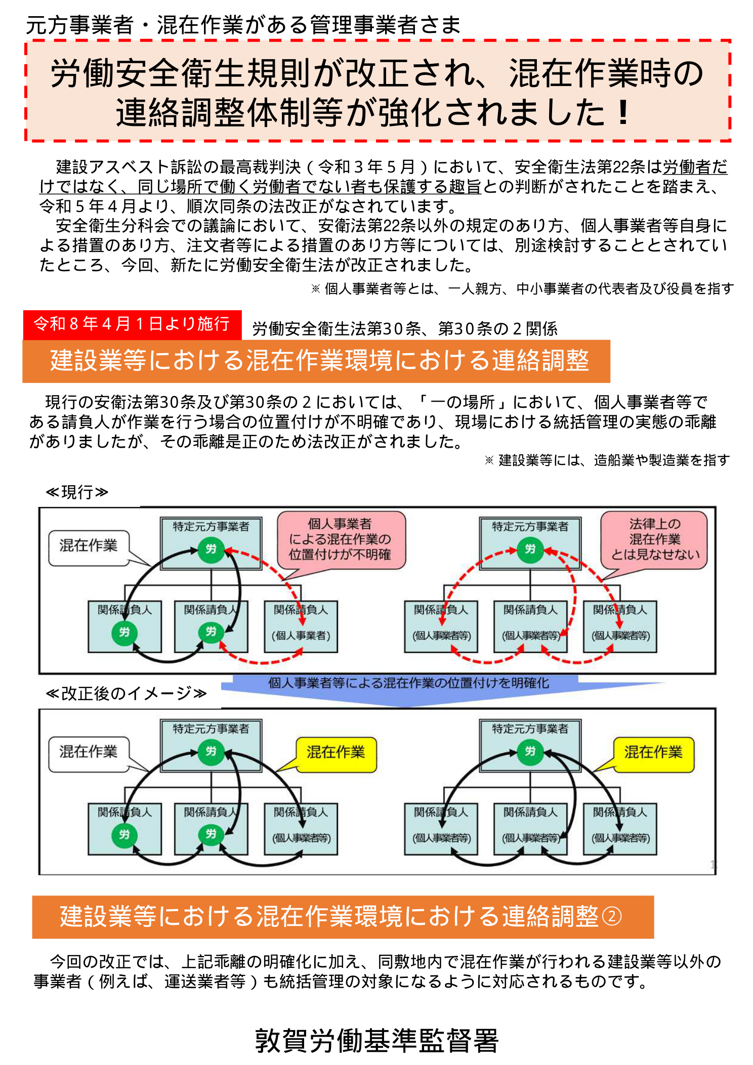 建設業における混在作業環境での連絡調整体制（特定元方事業者→関係請負人の情報伝達）（福井労働局）